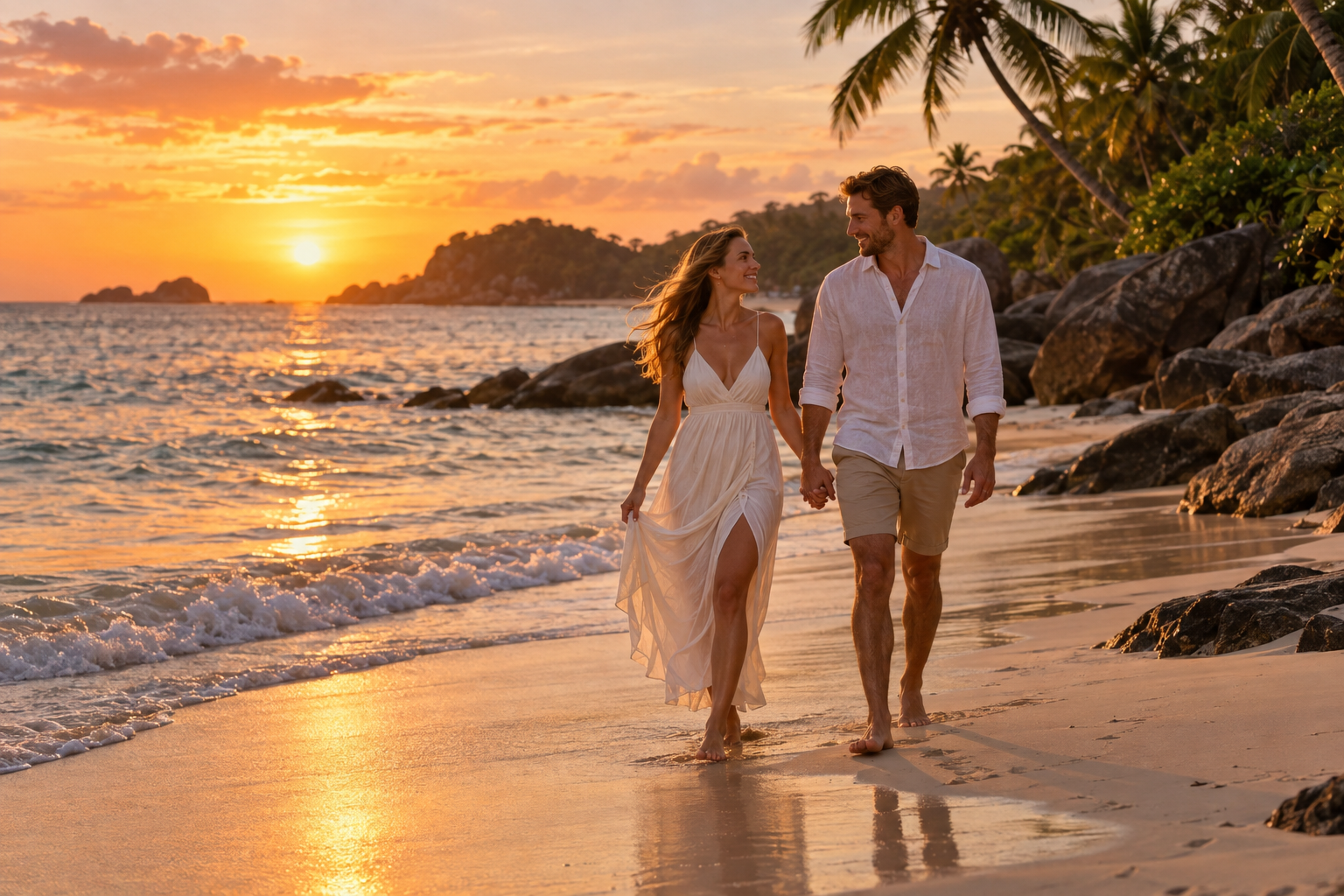 A couple taking a sunset walk on a tropical beach