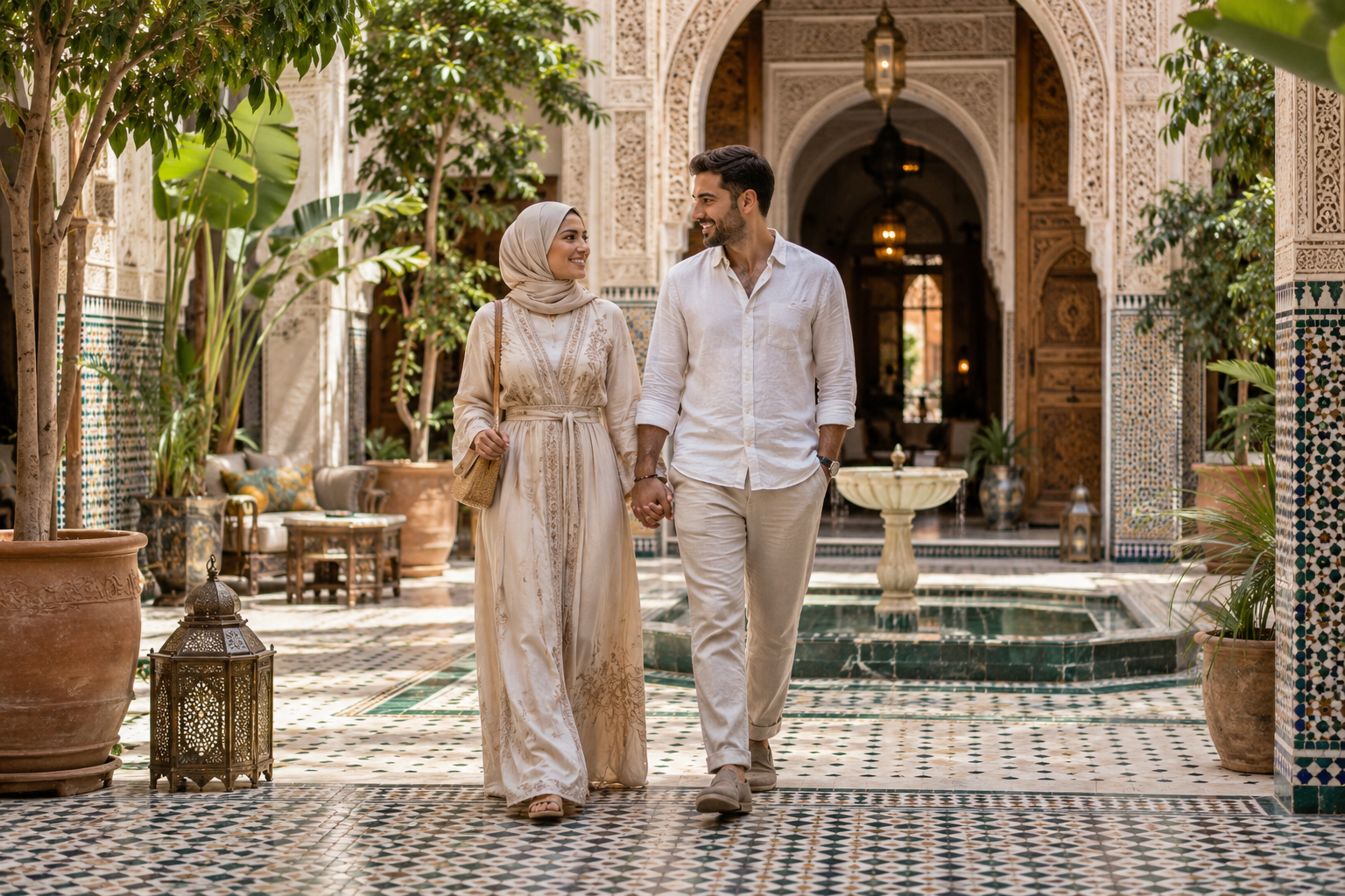 A Muslim couple enjoying a riad courtyard in Marrakech, Morocco
