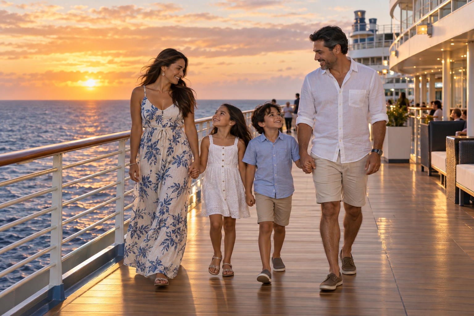 A Hispanic family enjoying a cruise ship promenade