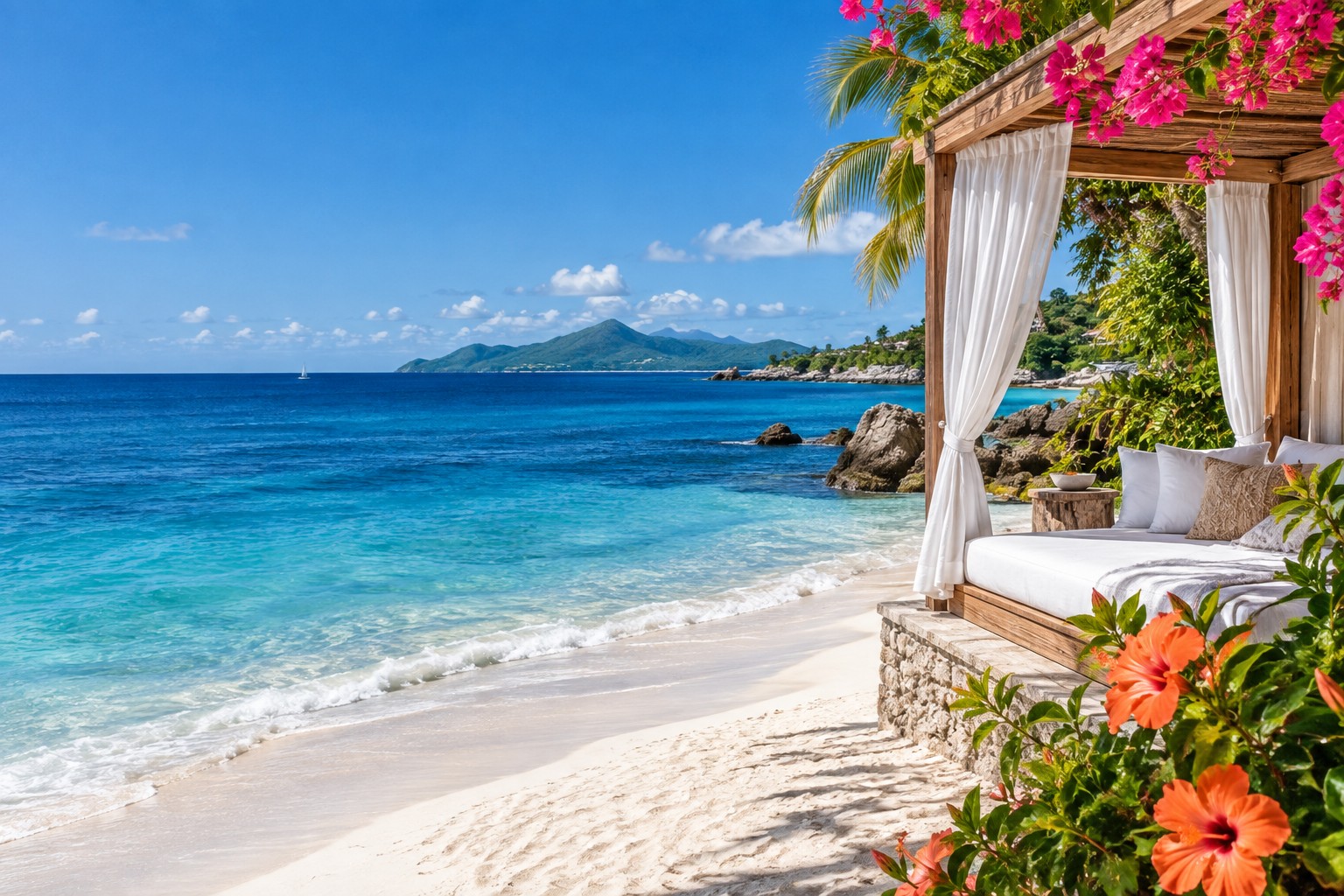 A tropical beach cabana overlooking turquoise water