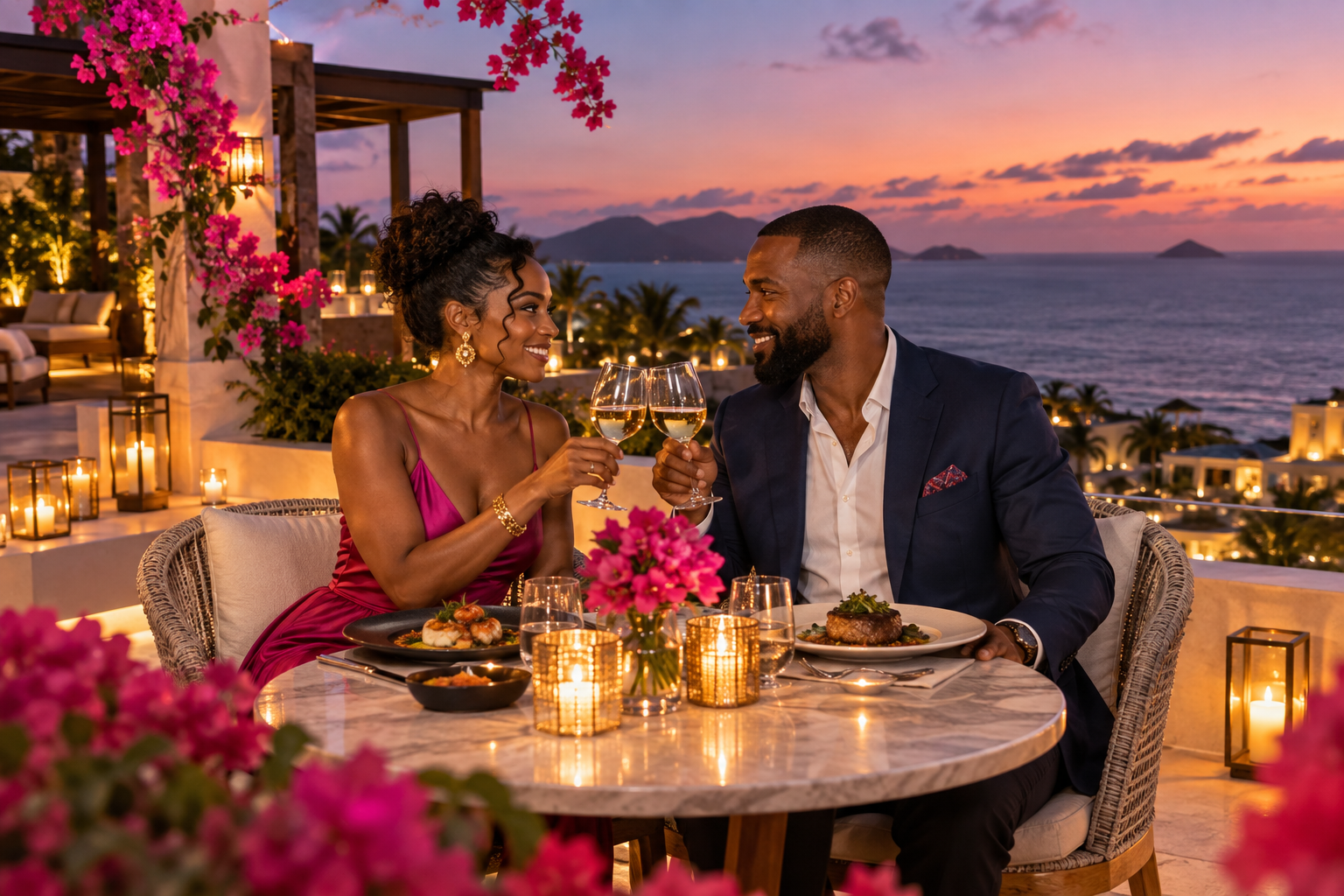 An African American couple enjoying a romantic rooftop dinner overlooking the ocean