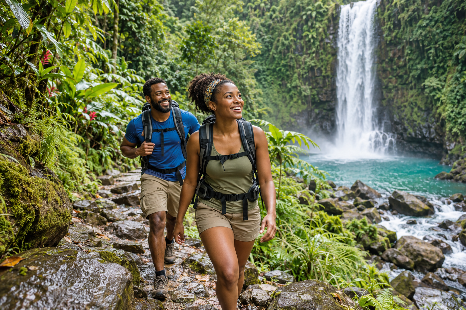 An African American couple hiking a lush tropical waterfall trail